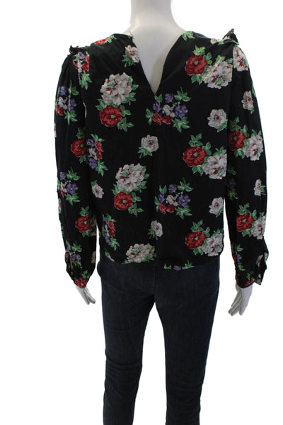 Zara Womens Black Floral Cotton Long Sleeve Round Neck Blouse Size S