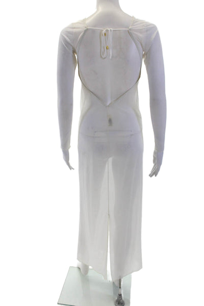 Designer Womens Maxi Dress White Long Sleeve Drawstring Beach Size S