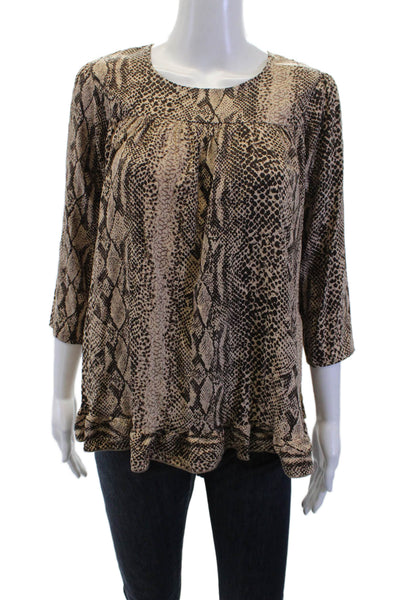 Alisha Levine Women Beige Silk Animal Print Tunic 3/4 Sleeve Round Neck Size S