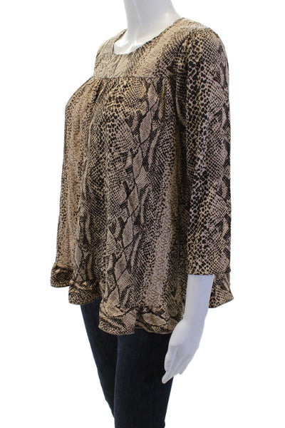 Alisha Levine Women Beige Silk Animal Print Tunic 3/4 Sleeve Round Neck Size S