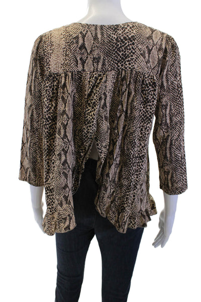 Alisha Levine Women Beige Silk Animal Print Tunic 3/4 Sleeve Round Neck Size S