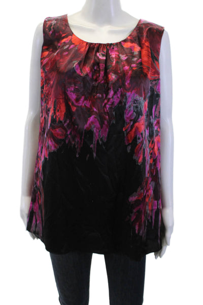 Tahari Women Black Floral Sleeveless Tunic Blouse Round Neck Zip Size 1X
