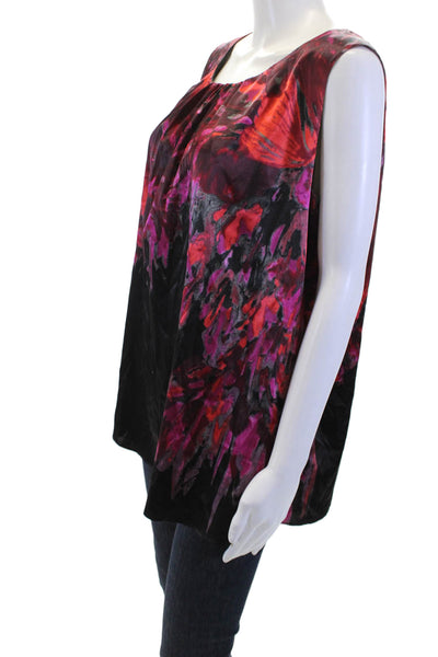 Tahari Women Black Floral Sleeveless Tunic Blouse Round Neck Zip Size 1X