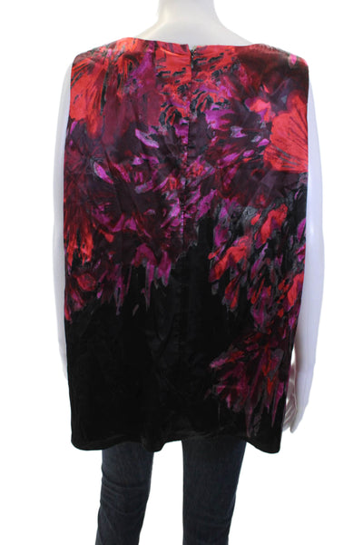 Tahari Women Black Floral Sleeveless Tunic Blouse Round Neck Zip Size 1X