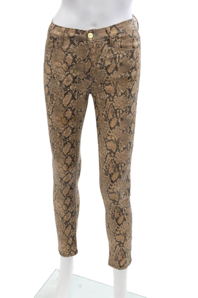 Frame Women Cropped Ankle Pants Beige Animal Print Button Size 24