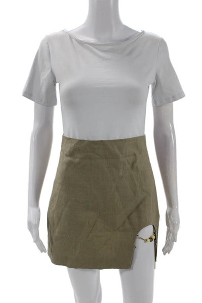 Zara Womens Back Zip Chain Detail Cut Out Mini Skirt Brown Linen Size XS
