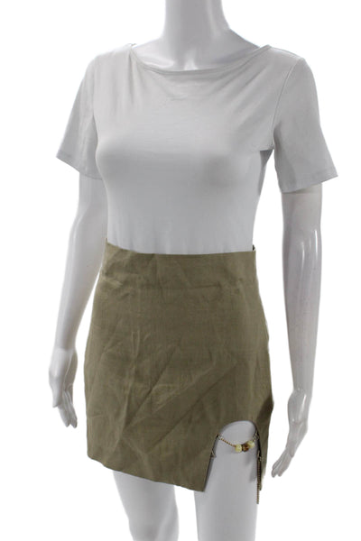 Zara Womens Back Zip Chain Detail Cut Out Mini Skirt Brown Linen Size XS