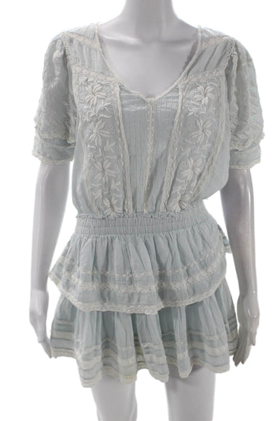 Love Shack Fancy Women Blouson Mini Dress Light Blue Floral VNeck Cotton Size S