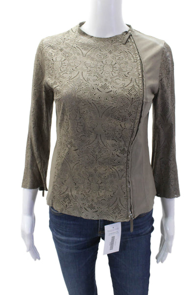 Brogden Womens Gray Floral Lamb Leather Zip Blouse 3/4 Sleeve Crew Neck Size M