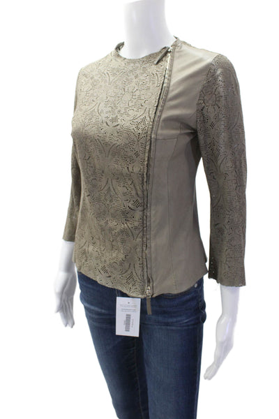 Brogden Womens Gray Floral Lamb Leather Zip Blouse 3/4 Sleeve Crew Neck Size M