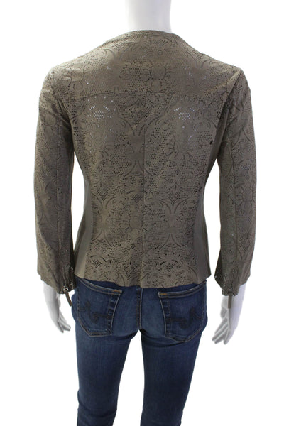 Brogden Womens Gray Floral Lamb Leather Zip Blouse 3/4 Sleeve Crew Neck Size M