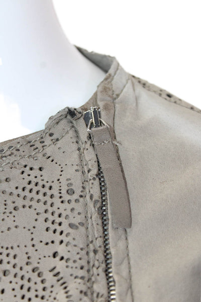 Brogden Womens Gray Floral Lamb Leather Zip Blouse 3/4 Sleeve Crew Neck Size M