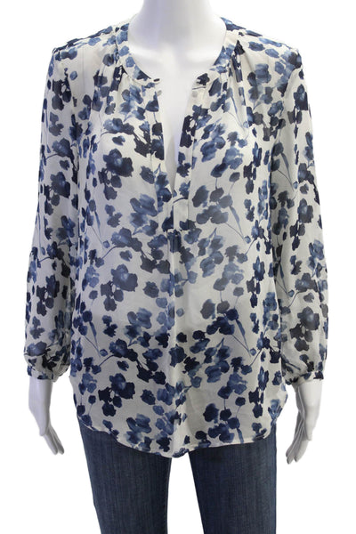 Joie Women Silk Floral V-Neck Long Sleeve Blouse Blue Size S
