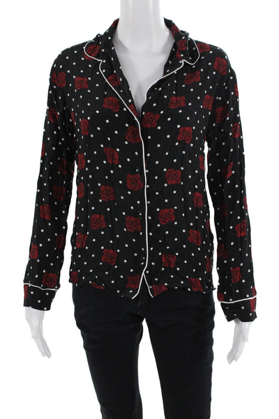 Three Dots Womens Black Floral Polka Dot Collared Button-Up Long Sleeve Size XS