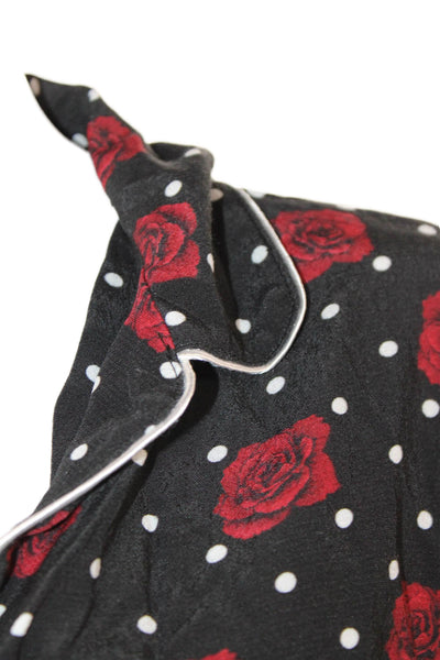 Three Dots Womens Black Floral Polka Dot Collared Button-Up Long Sleeve Size XS