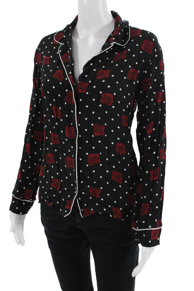 Three Dots Womens Black Floral Polka Dot Collared Button-Up Long Sleeve Size XS