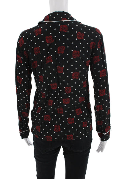 Three Dots Womens Black Floral Polka Dot Collared Button-Up Long Sleeve Size XS