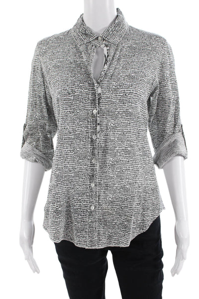 Cino Women Black Geometric 3/4 Sleeve Button-Up Blouse Size XS