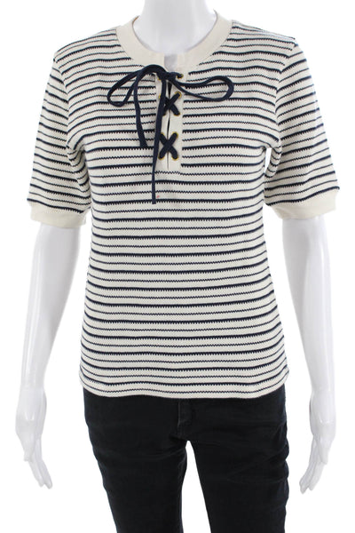 Nation LTD Women Striped Beige Cotton T-Shirt Nautical Drawstring Crew Size S