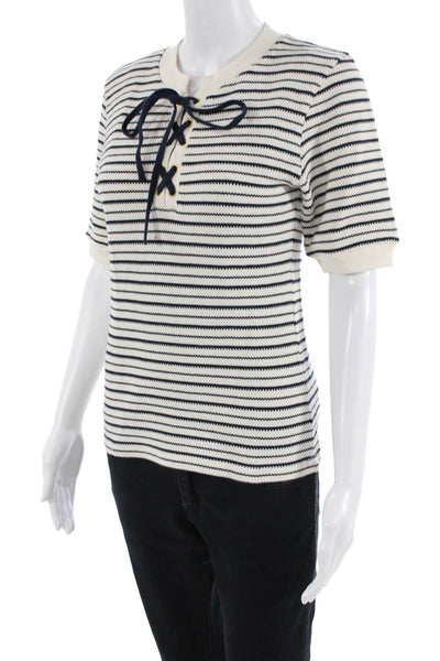 Nation LTD Women Striped Beige Cotton T-Shirt Nautical Drawstring Crew Size S