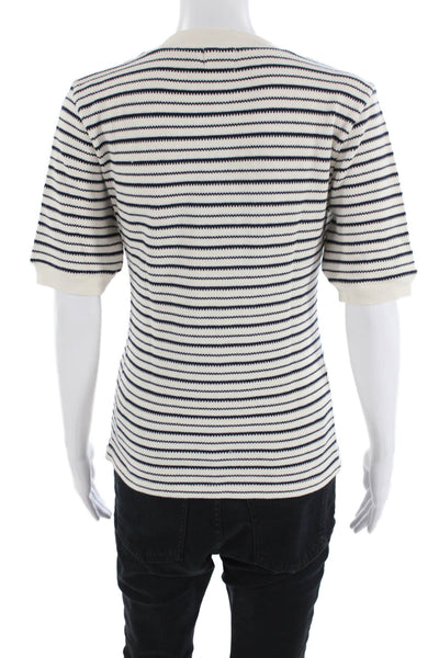 Nation LTD Women Striped Beige Cotton T-Shirt Nautical Drawstring Crew Size S