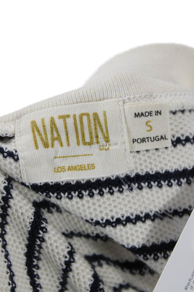 Nation LTD Women Striped Beige Cotton T-Shirt Nautical Drawstring Crew Size S