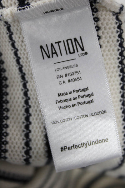 Nation LTD Women Striped Beige Cotton T-Shirt Nautical Drawstring Crew Size S