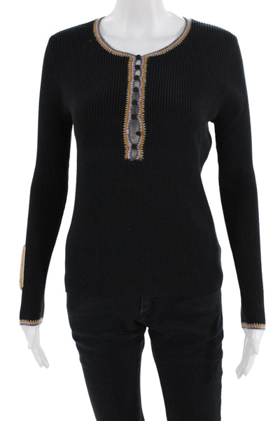 Lisa Todd Women Henley Pullover Black Cotton-Cashmere Long Sleeve Size S