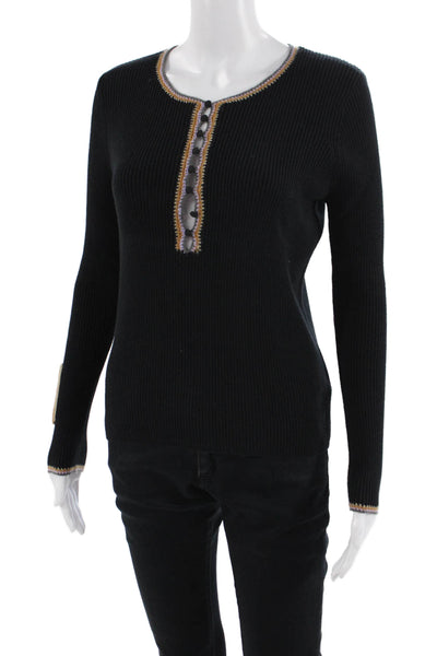 Lisa Todd Women Henley Pullover Black Cotton-Cashmere Long Sleeve Size S
