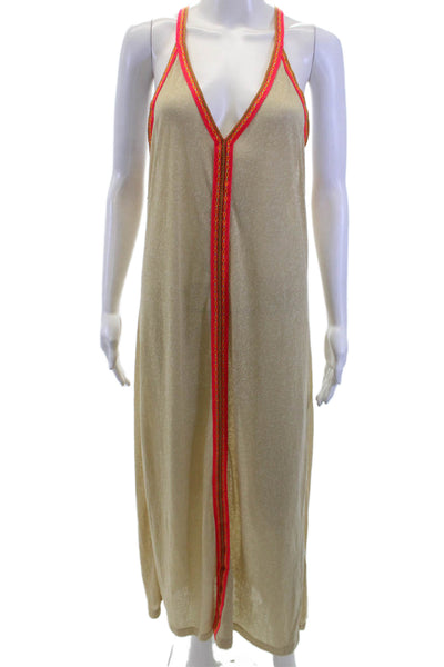 Pitusa Women Kaftan Maxi Dress Beige V-Neck Sleeveless Tie Waist Size PP