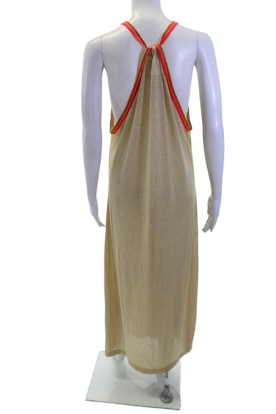 Pitusa Women Kaftan Maxi Dress Beige V-Neck Sleeveless Tie Waist Size PP