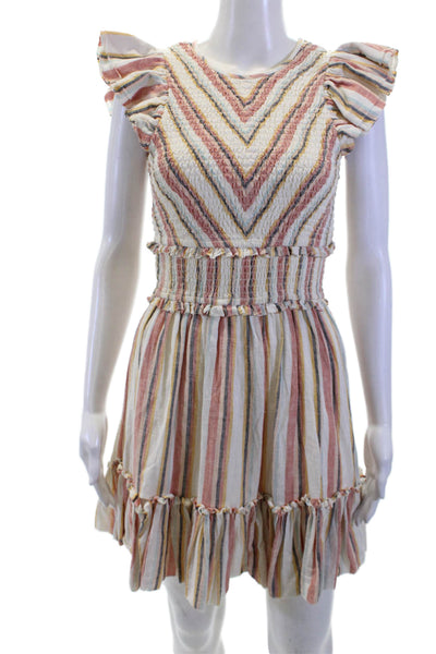 Saylor Womens Fit & Flare Mini Striped Beige Cotton Short Sleeve Dress Size XS
