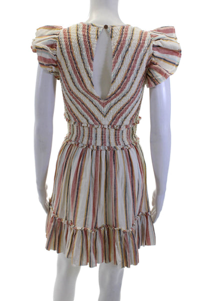Saylor Womens Fit & Flare Mini Striped Beige Cotton Short Sleeve Dress Size XS