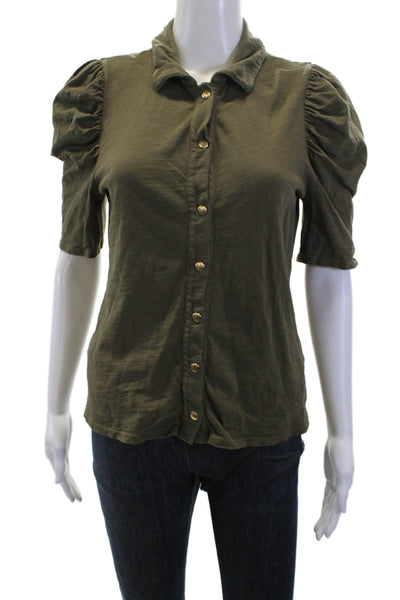 Nation LTD Women Collared Short Sleeve Green 100% Cotton Button-Up Top Size S