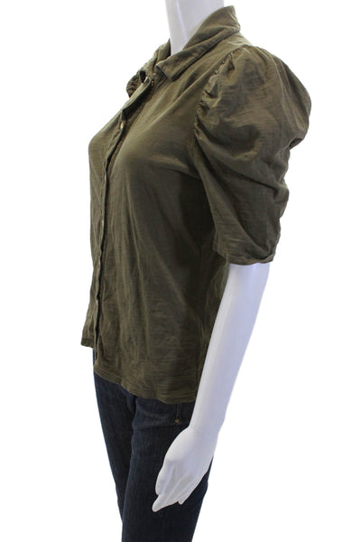 Nation LTD Women Collared Short Sleeve Green 100% Cotton Button-Up Top Size S