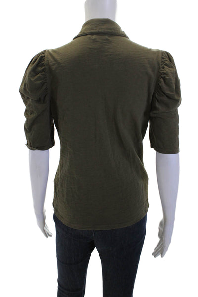 Nation LTD Women Collared Short Sleeve Green 100% Cotton Button-Up Top Size S