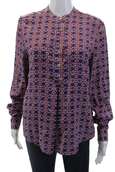 Juicy Couture Womens Silk Aztec High-Neck Button-Up Blouse Blue Size S