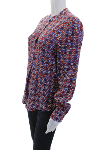 Juicy Couture Womens Silk Aztec High-Neck Button-Up Blouse Blue Size S
