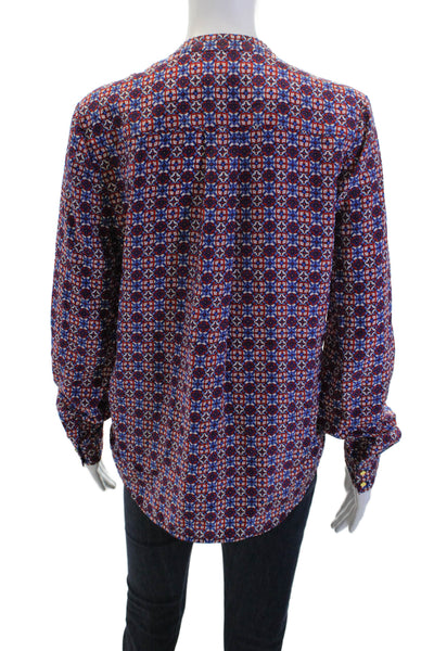 Juicy Couture Womens Silk Aztec High-Neck Button-Up Blouse Blue Size S