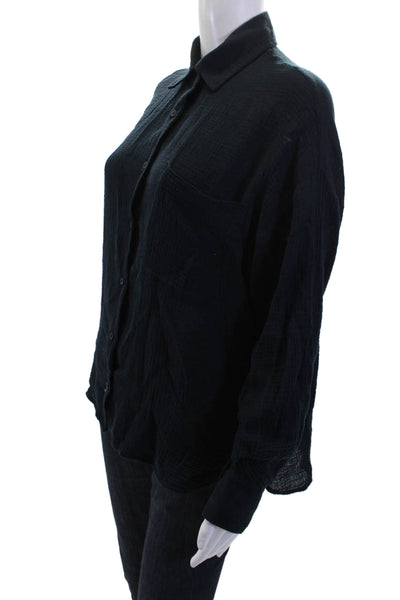 Stateside Women Black Cotton Collared Button-Up Top Long Sleeve Size XS