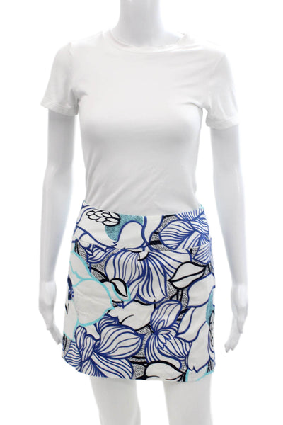Elie Tahari Womens Cotton Floral Print Zip Back Lined Skirt Blue Size 0