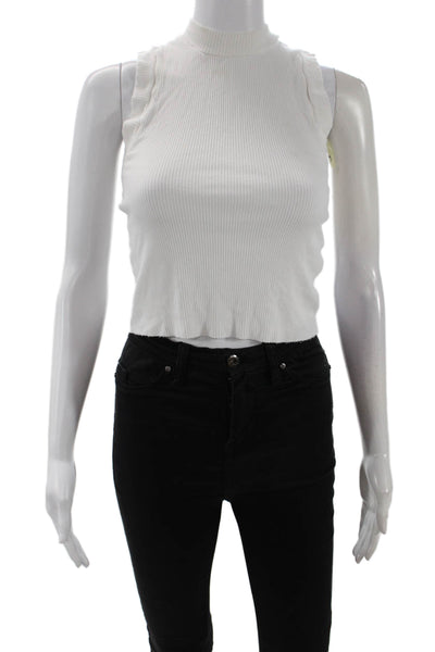 Zara Women Cropped Sleeveless Mock Neck Tank White Cotton Blend Size S