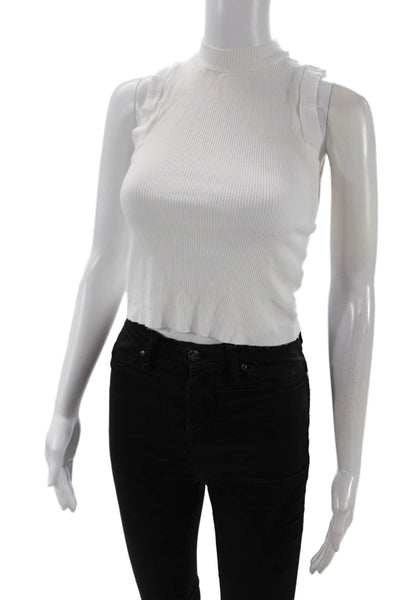 Zara Women Cropped Sleeveless Mock Neck Tank White Cotton Blend Size S