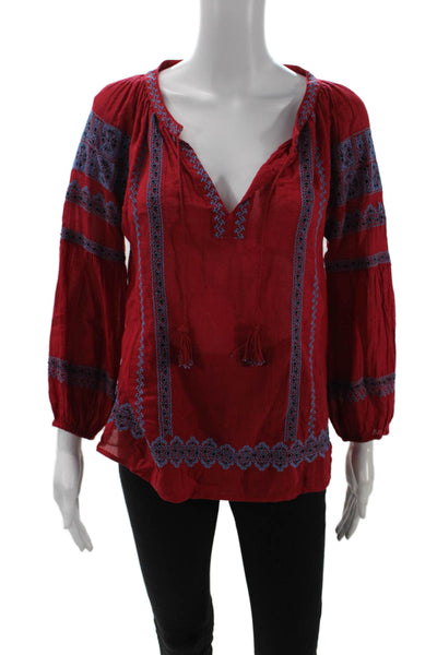 Joie Women Boho V-Neck Cotton Tunic Blouse Red Long Sleeve Drawstring Size XS