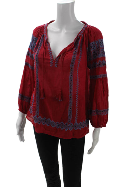 Joie Women Boho V-Neck Cotton Tunic Blouse Red Long Sleeve Drawstring Size XS