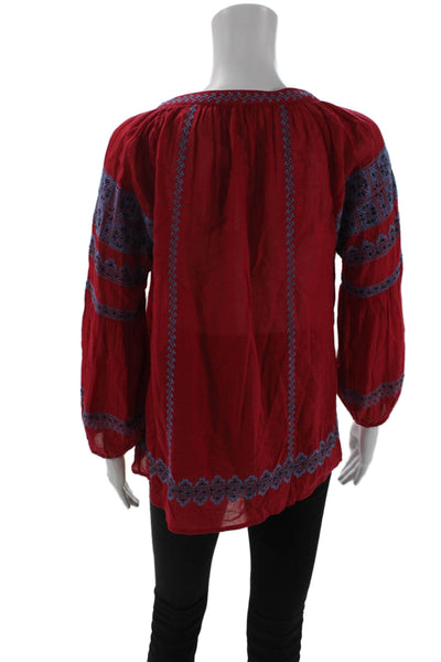 Joie Women Boho V-Neck Cotton Tunic Blouse Red Long Sleeve Drawstring Size XS