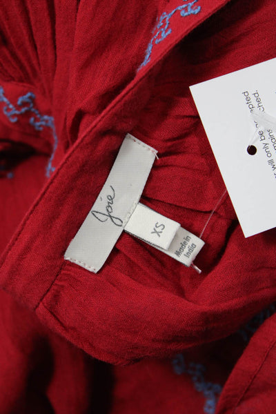 Joie Women Boho V-Neck Cotton Tunic Blouse Red Long Sleeve Drawstring Size XS