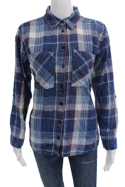 Michael Michael Kors, Women Blue Plaid Button-Up Long Sleeve Cotton Size S