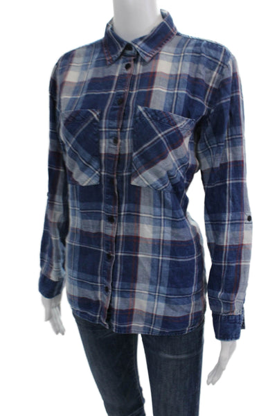 Michael Michael Kors, Women Blue Plaid Button-Up Long Sleeve Cotton Size S