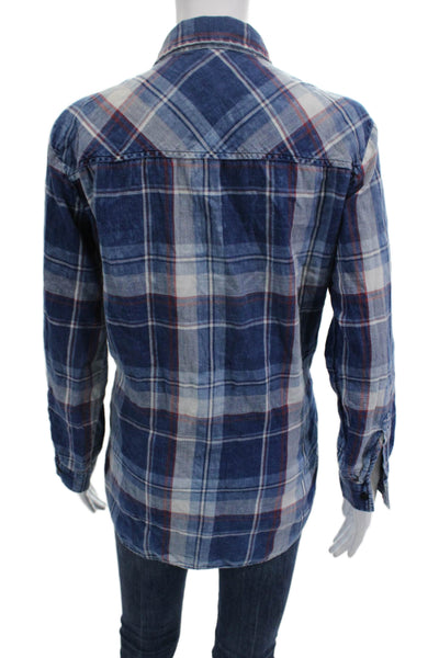 Michael Michael Kors, Women Blue Plaid Button-Up Long Sleeve Cotton Size S